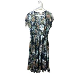 Vintage Phase II Dress Women's Size Small Gray Blue Floral Micro Pleat 70s Retro